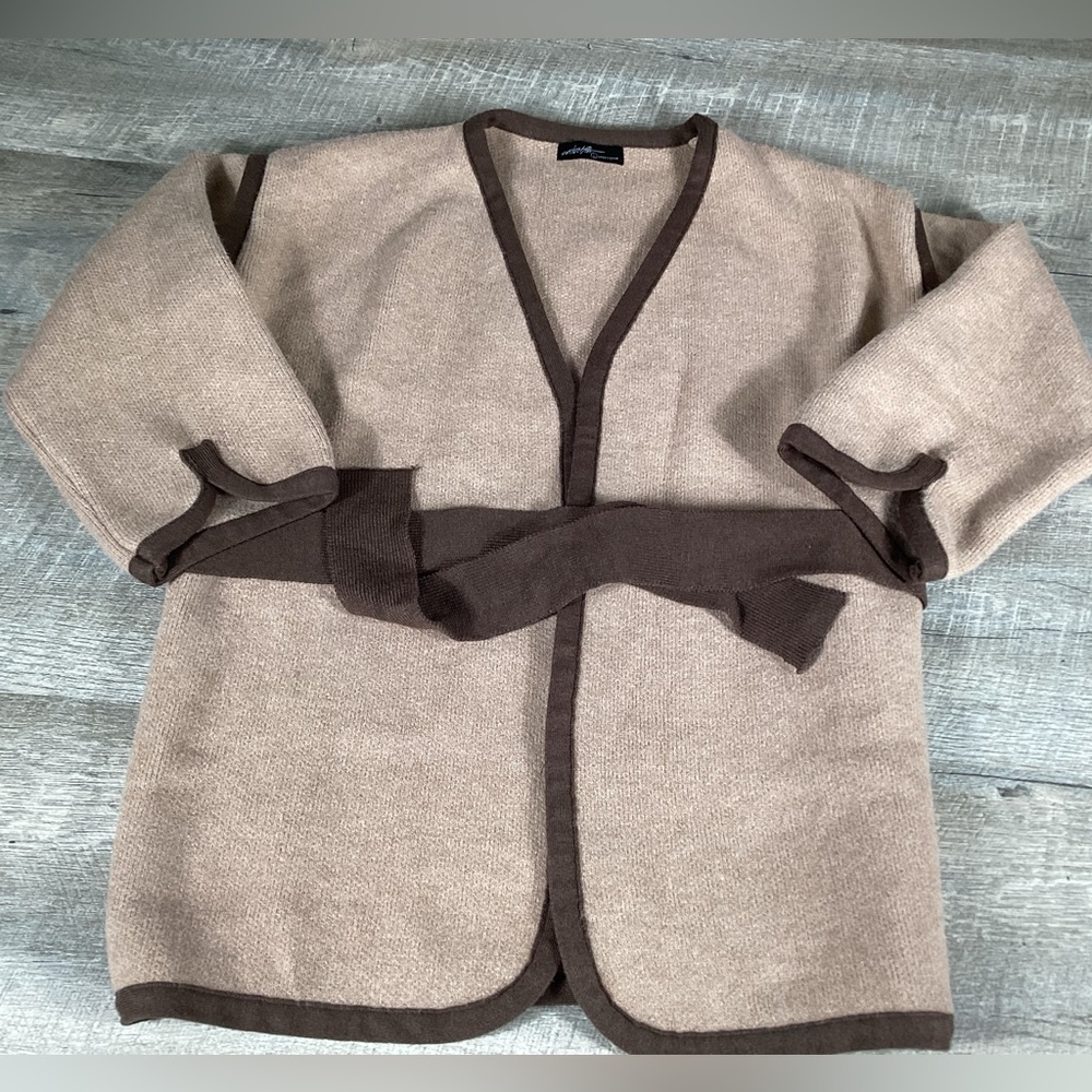 These Three Womens Knit Cardigan Belted Beige Brown Trim Cozy Open Front Size L